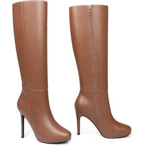 Women's Stiletto Knee High Boots Platform Side Zipper Brown Long Boots